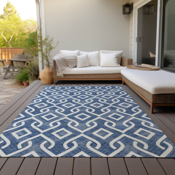 9' X 12' Navy Blue And Ivory Geometric Washable Indoor Outdoor Area Rug