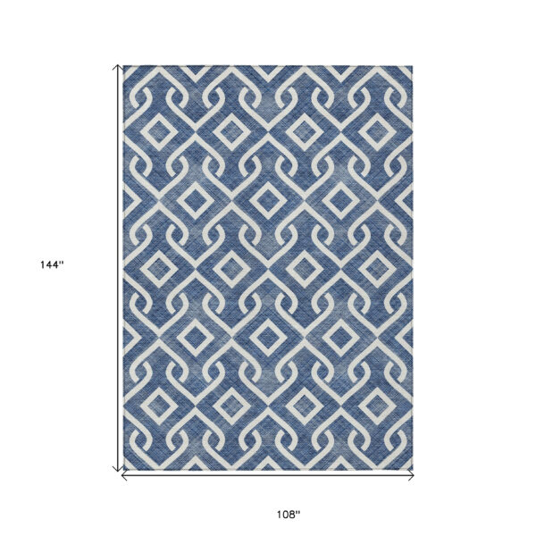 9' X 12' Navy Blue And Ivory Geometric Washable Indoor Outdoor Area Rug