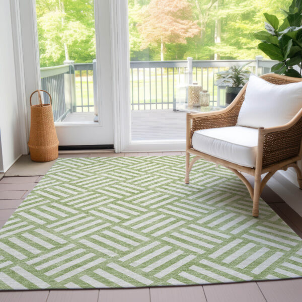 8' X 10' Artichoke Green And Ivory Geometric Washable Indoor Outdoor Area Rug