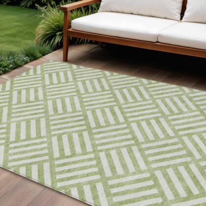 9' X 12' Artichoke Green And Ivory Geometric Washable Indoor Outdoor Area Rug