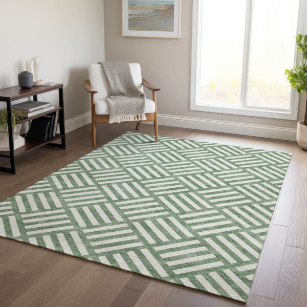 10' X 14' Green And Ivory Geometric Washable Indoor Outdoor Area Rug