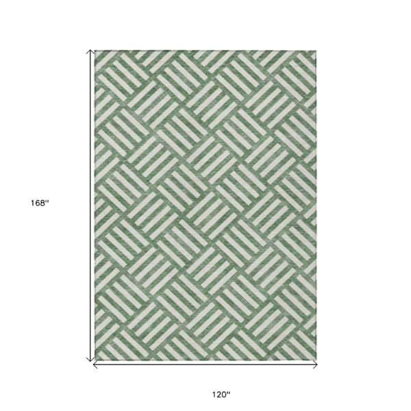 10' X 14' Green And Ivory Geometric Washable Indoor Outdoor Area Rug
