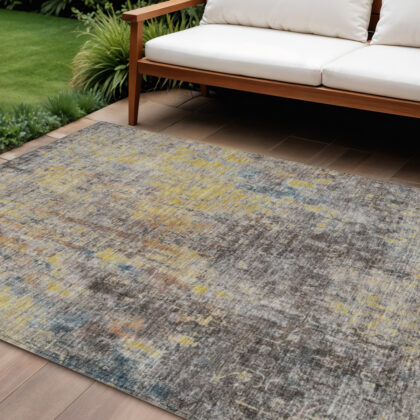10' X 14' Brown And Gold Abstract Washable Indoor Outdoor Area Rug