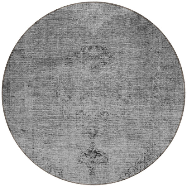 8' Gray Silver And Charcoal Round Oriental Washable Indoor Outdoor Area Rug