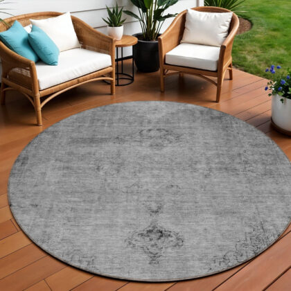 8' Gray Silver And Charcoal Round Oriental Washable Indoor Outdoor Area Rug