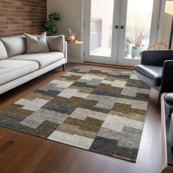 3' X 5' Brown Beige And Ivory Geometric Washable Indoor Outdoor Area Rug