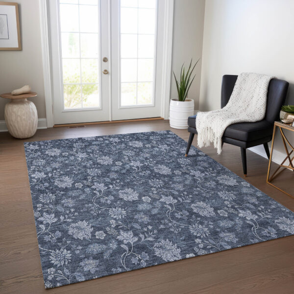 3' X 5' Denim Blue And Navy Blue Floral Washable Indoor Outdoor Area Rug