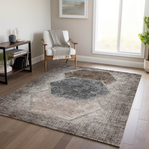 8' X 10' Chocolate And Taupe Geometric Washable Indoor Outdoor Area Rug
