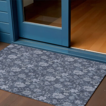 3' X 5' Denim Blue And Navy Blue Floral Washable Indoor Outdoor Area Rug