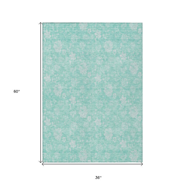 3' X 5' Aqua And Ivory Floral Washable Indoor Outdoor Area Rug