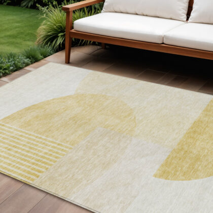 10' X 14' Gold Wheat And Ivory Geometric Washable Indoor Outdoor Area Rug