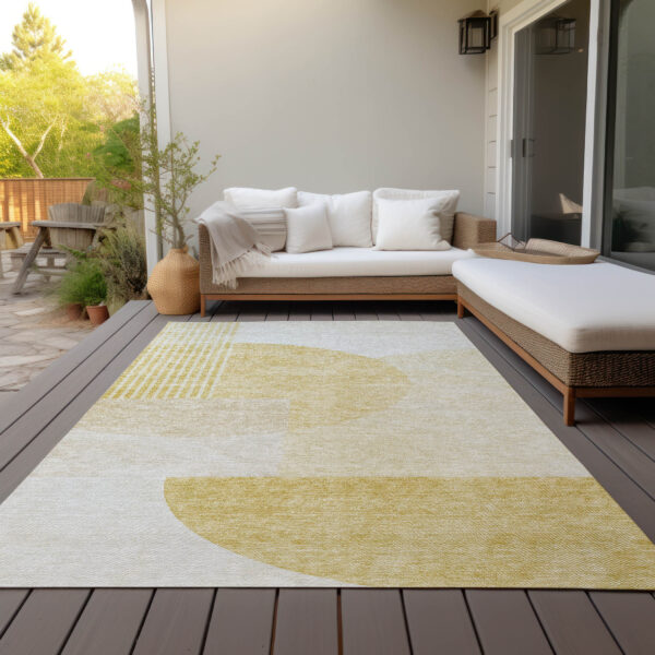 10' X 14' Gold Wheat And Ivory Geometric Washable Indoor Outdoor Area Rug