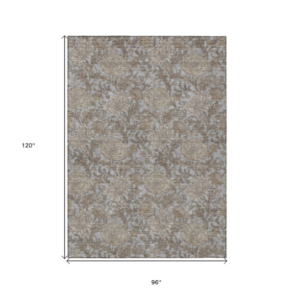 8' X 10' Gray Silver And Taupe Floral Washable Indoor Outdoor Area Rug