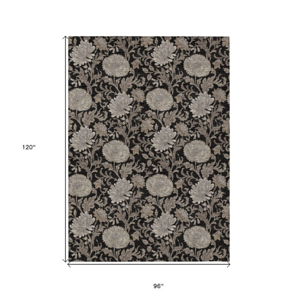 8' X 10' Black Taupe And Beige Floral Washable Indoor Outdoor Area Rug
