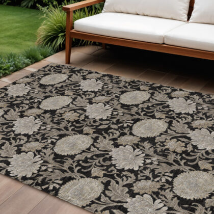 8' X 10' Black Taupe And Beige Floral Washable Indoor Outdoor Area Rug