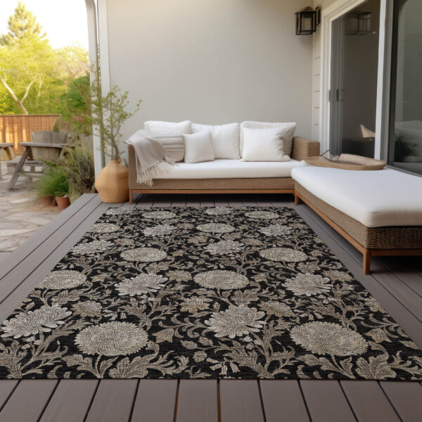 8' X 10' Black Taupe And Beige Floral Washable Indoor Outdoor Area Rug