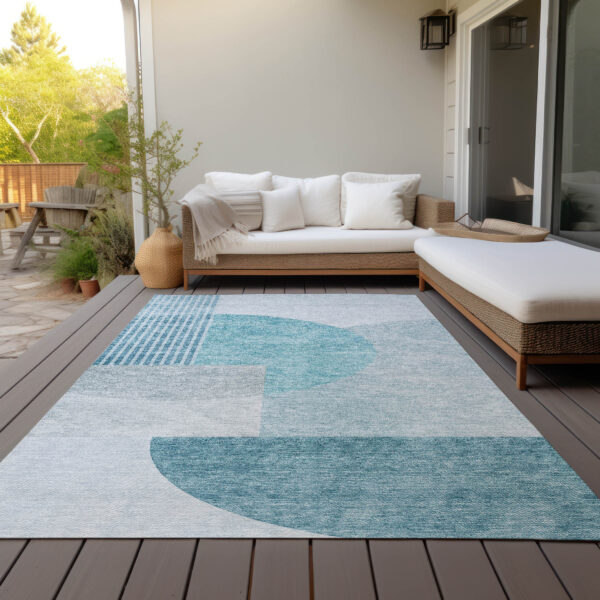 5' X 8' Teal Blue Blue And Silver Geometric Washable Indoor Outdoor Area Rug