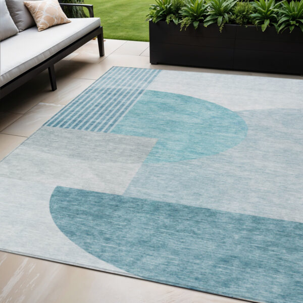 5' X 8' Teal Blue Blue And Silver Geometric Washable Indoor Outdoor Area Rug