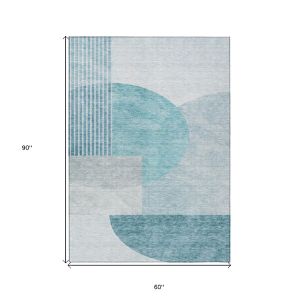 5' X 8' Teal Blue Blue And Silver Geometric Washable Indoor Outdoor Area Rug