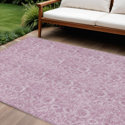 8' X 10' Blush Mauve And Pink Floral Washable Indoor Outdoor Area Rug