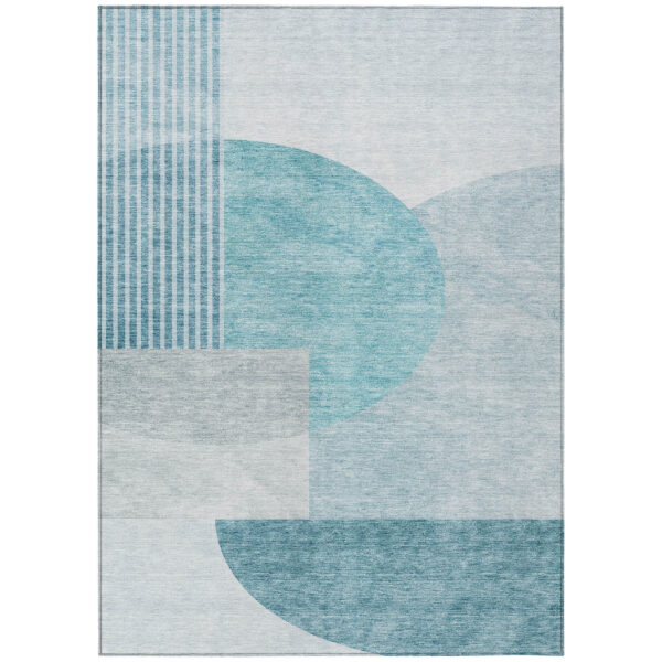 5' X 8' Teal Blue Blue And Silver Geometric Washable Indoor Outdoor Area Rug