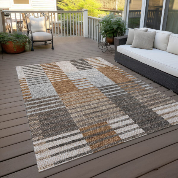 5' X 8' Chocolate And Gray Striped Washable Indoor Outdoor Area Rug