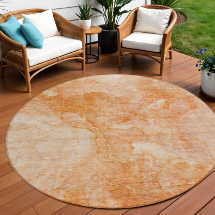 8' Salmon Peach And Ivory Round Nautical Washable Indoor Outdoor Area Rug