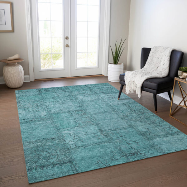 3' X 5' Teal Blue And Aqua Patchwork Washable Indoor Outdoor Area Rug