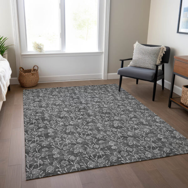 10' X 14' Gray Charcoal And Silver Floral Washable Indoor Outdoor Area Rug