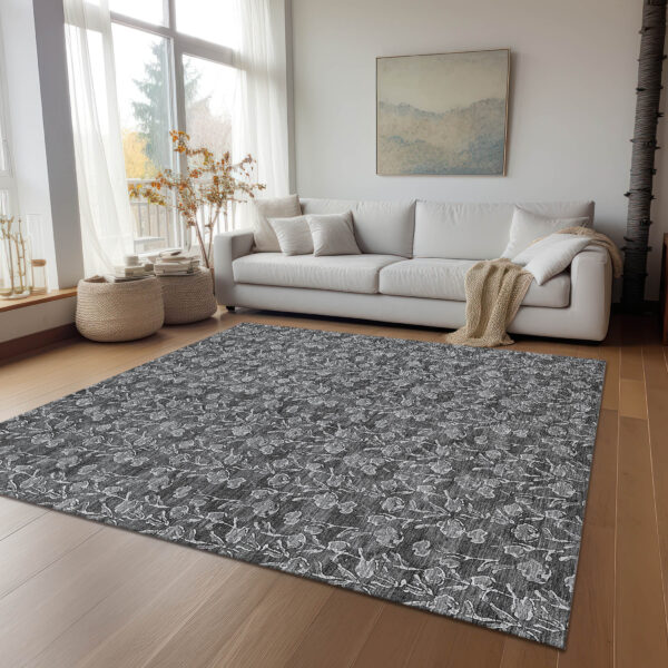 10' X 14' Gray Charcoal And Silver Floral Washable Indoor Outdoor Area Rug