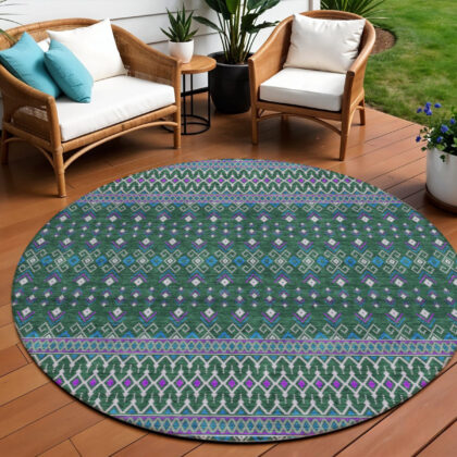 8' Green Blue And Purple Round Tribal Washable Indoor Outdoor Area Rug