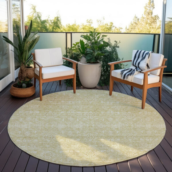8' Beige Tan And Ivory Round Floral Washable Indoor Outdoor Area Rug