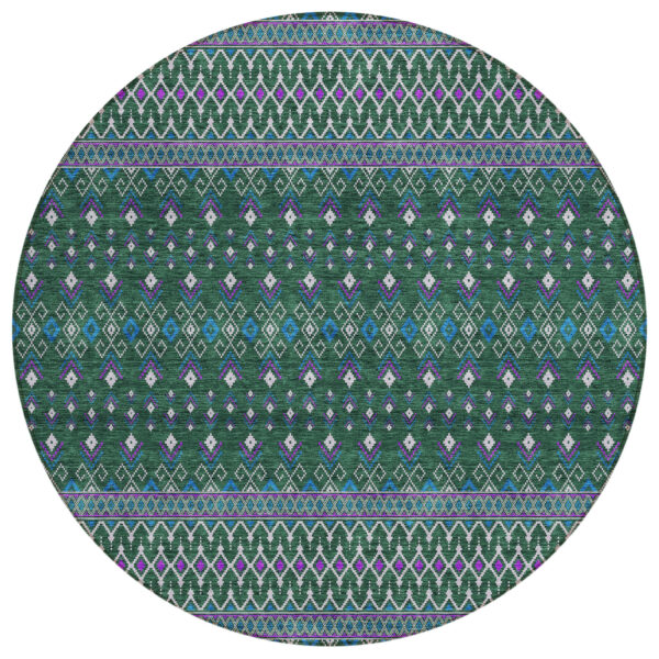 8' Green Blue And Purple Round Tribal Washable Indoor Outdoor Area Rug