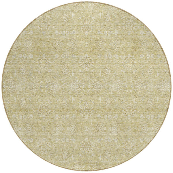 8' Beige Tan And Ivory Round Floral Washable Indoor Outdoor Area Rug