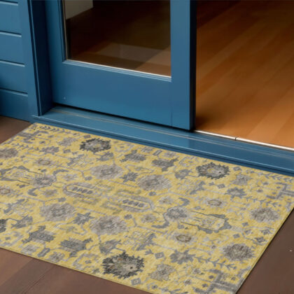 3' X 5' Yellow Gray And Charcoal Oriental Washable Indoor Outdoor Area Rug