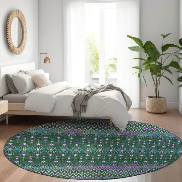 8' Green Blue And Purple Round Tribal Washable Indoor Outdoor Area Rug