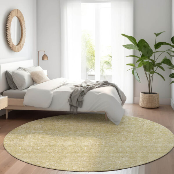 8' Beige Tan And Ivory Round Floral Washable Indoor Outdoor Area Rug