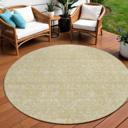 8' Beige Tan And Ivory Round Floral Washable Indoor Outdoor Area Rug