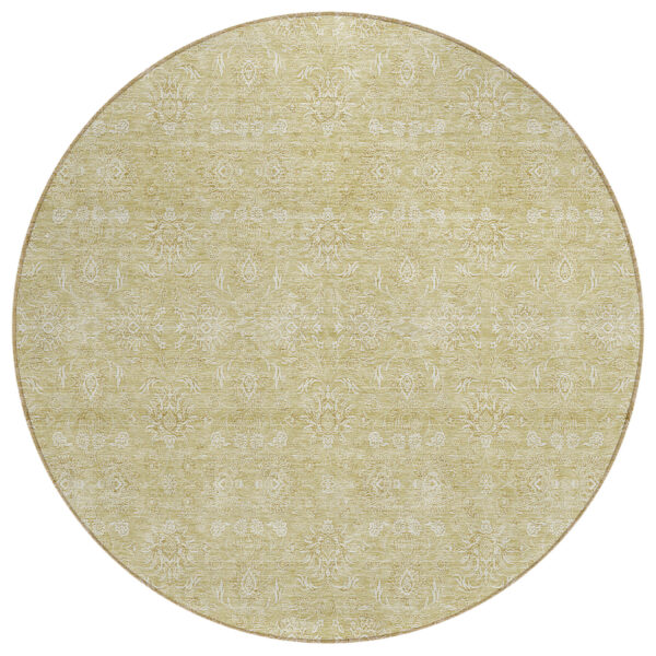 8' Beige Tan And Ivory Round Floral Washable Indoor Outdoor Area Rug