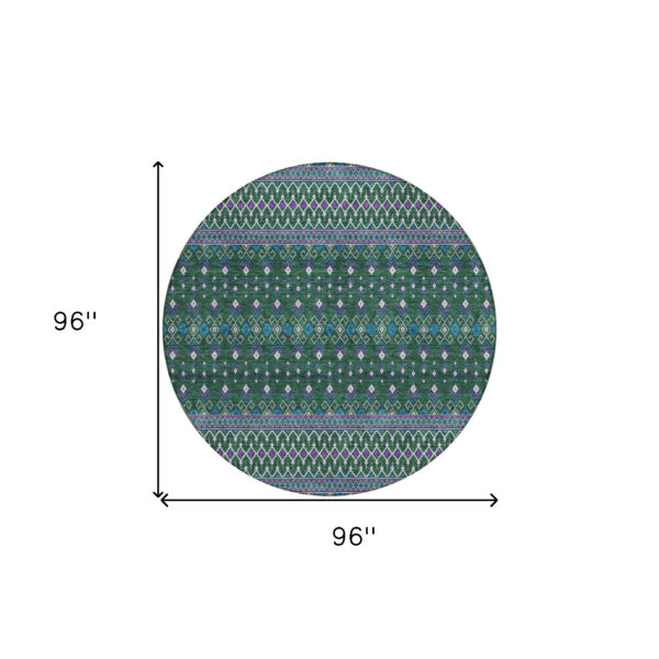 8' Green Blue And Purple Round Tribal Washable Indoor Outdoor Area Rug