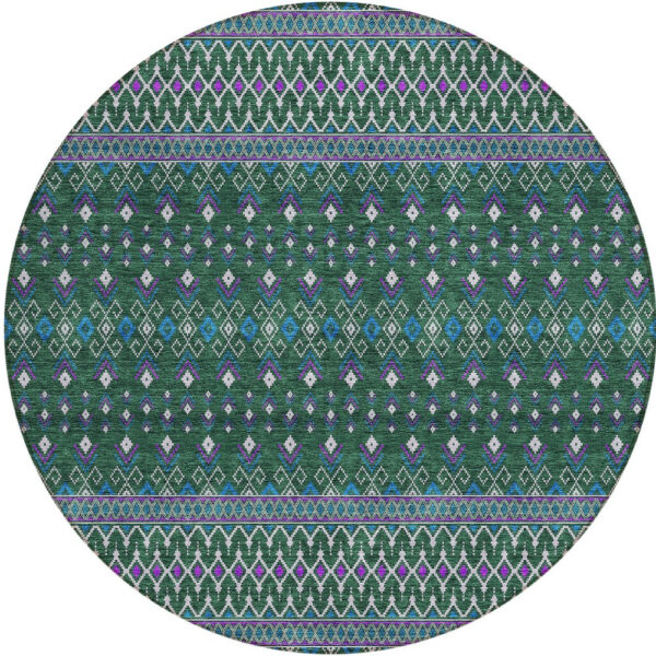 8' Green Blue And Purple Round Tribal Washable Indoor Outdoor Area Rug