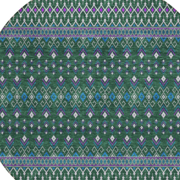 8' Green Blue And Purple Round Tribal Washable Indoor Outdoor Area Rug