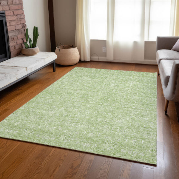 5' X 8' Artichoke Green Mint Green And Ivory Floral Washable Indoor Outdoor Area Rug