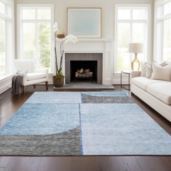 8' X 10' Sky Blue And Denim Blue Abstract Washable Indoor Outdoor Area Rug