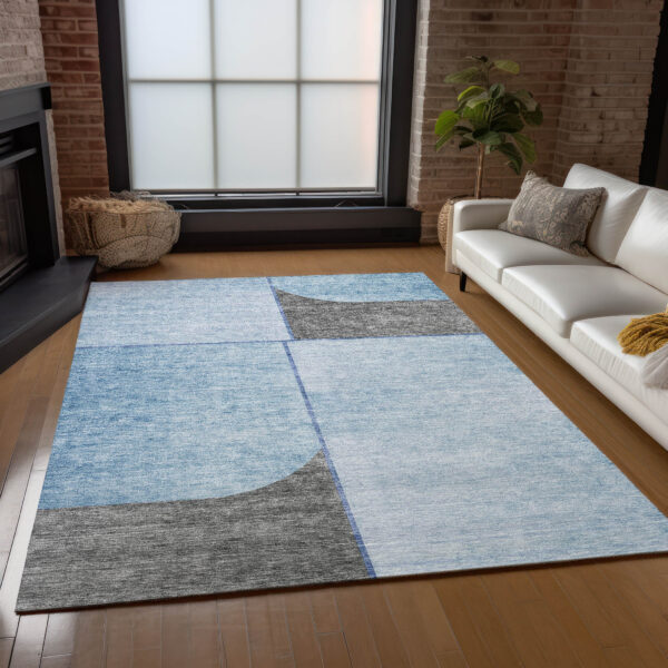 8' X 10' Sky Blue And Denim Blue Abstract Washable Indoor Outdoor Area Rug