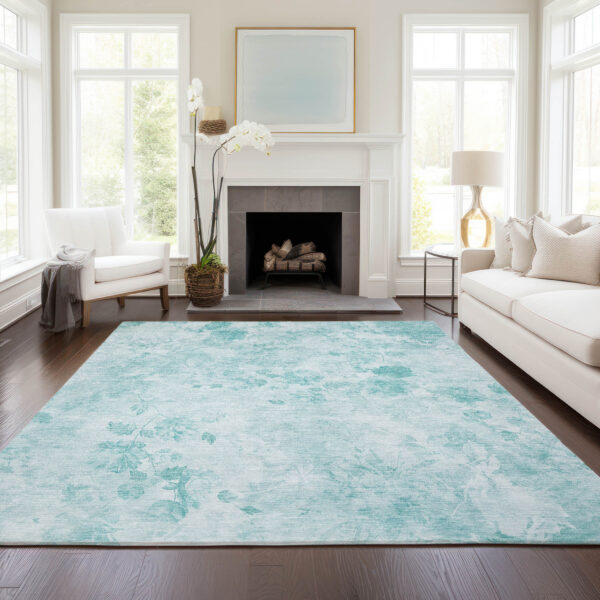 10' X 14' Aqua Teal Blue And Ivory Floral Washable Indoor Outdoor Area Rug