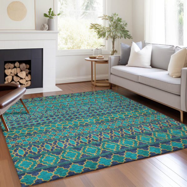 5' X 8' Teal Blue And Navy Blue Quatrefoil Washable Indoor Outdoor Area Rug