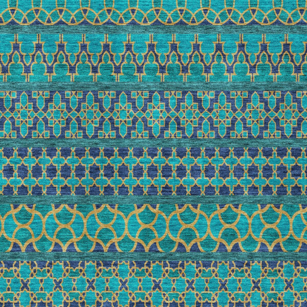 5' X 8' Teal Blue And Navy Blue Quatrefoil Washable Indoor Outdoor Area Rug