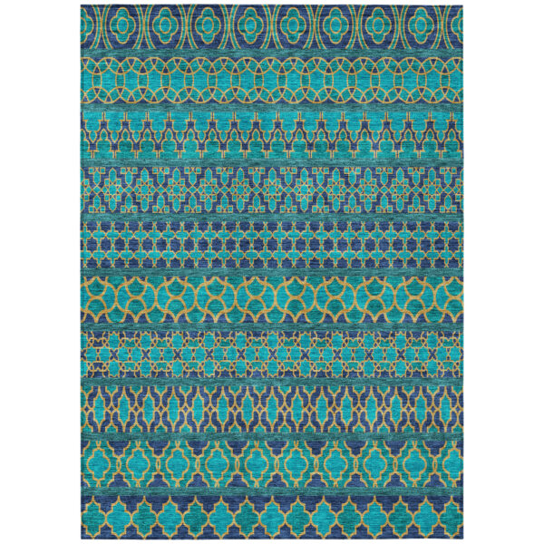 5' X 8' Teal Blue And Navy Blue Quatrefoil Washable Indoor Outdoor Area Rug