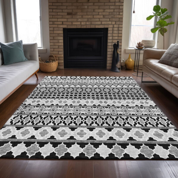 3' X 5' Black Gray And Ivory Quatrefoil Washable Indoor Outdoor Area Rug